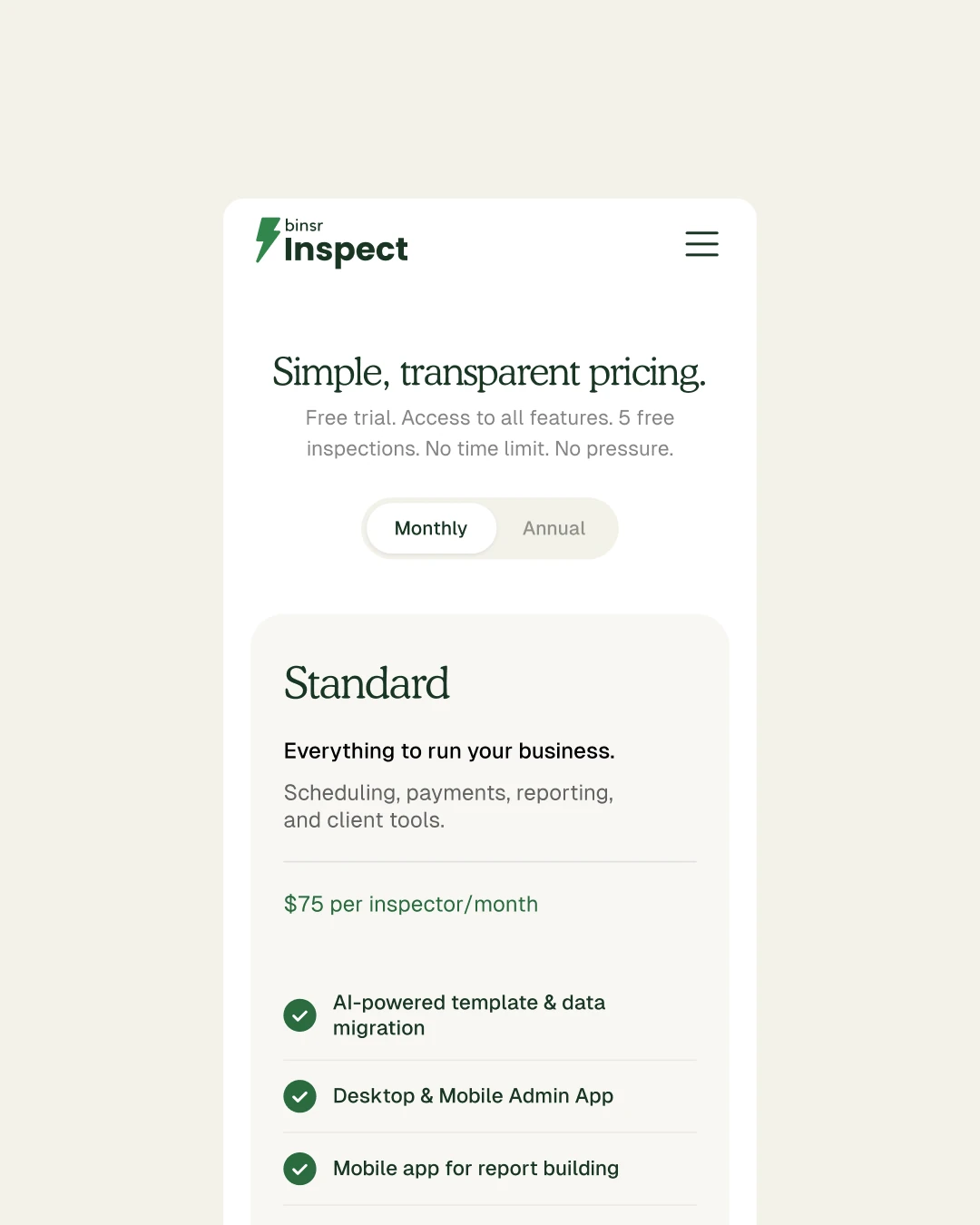 Binsr Inspect pricing page on mobile: simple, transparent pricing