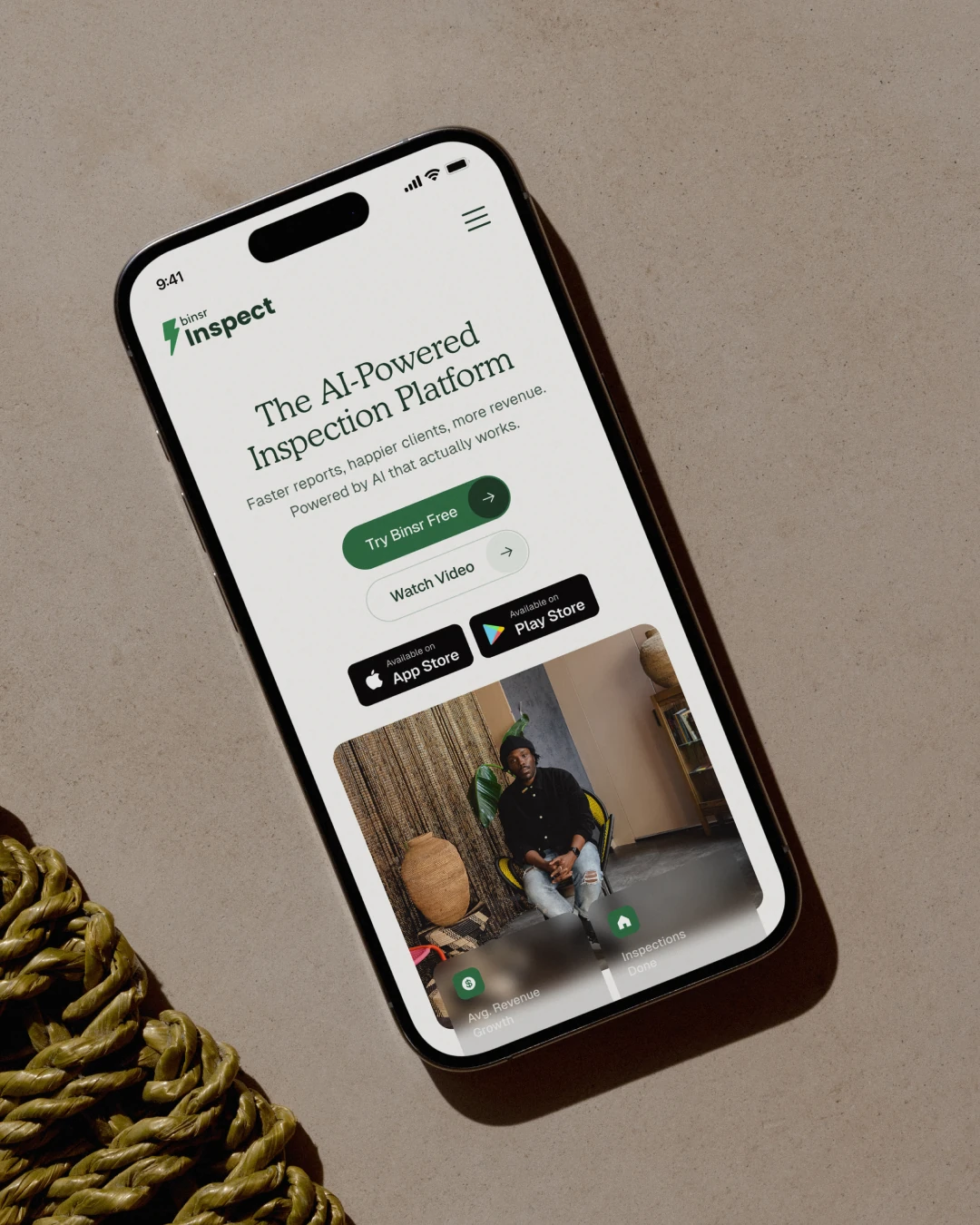 Binsr Inspect homepage on an iPhone