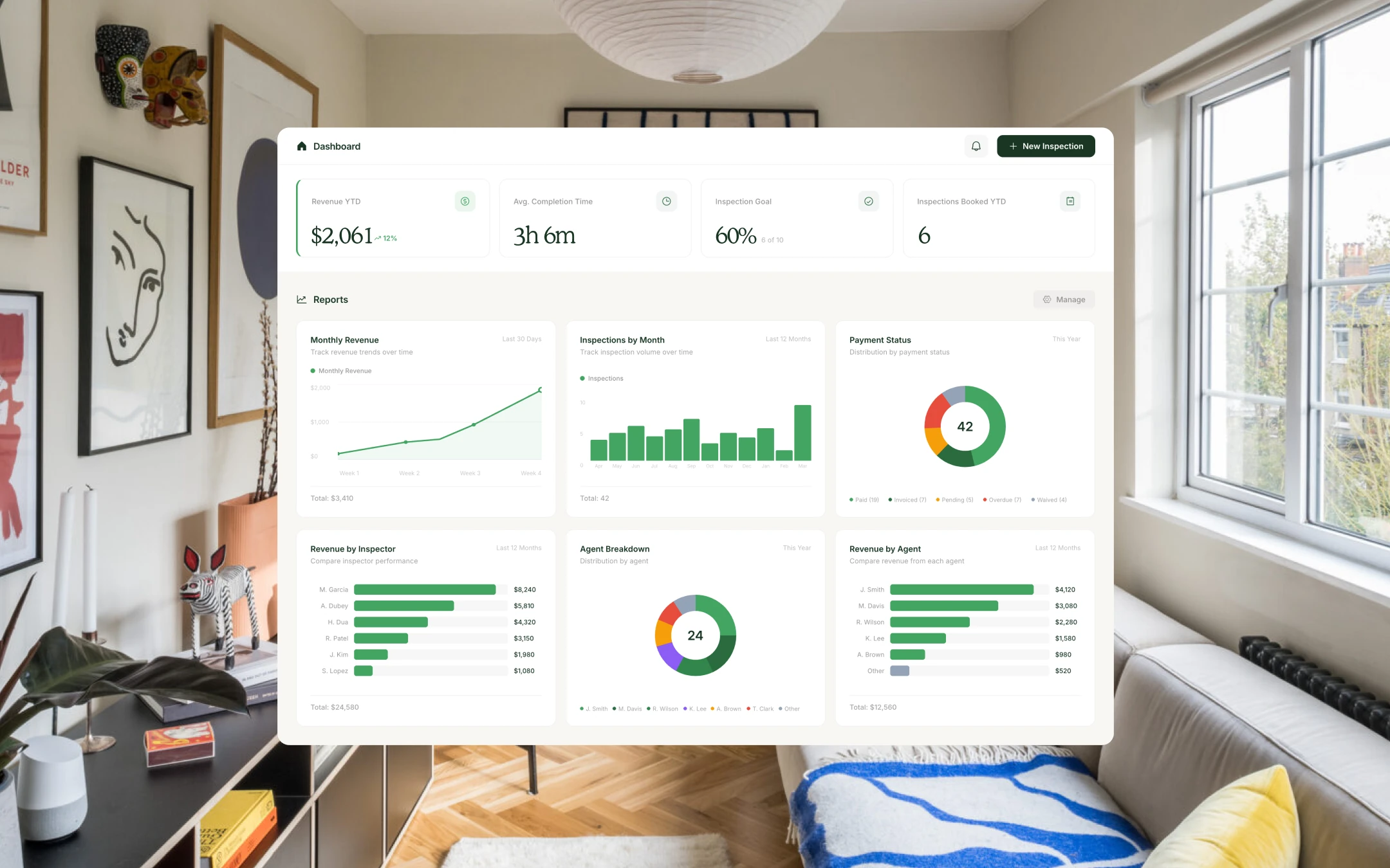 Binsr Inspect inspector dashboard with revenue and reporting