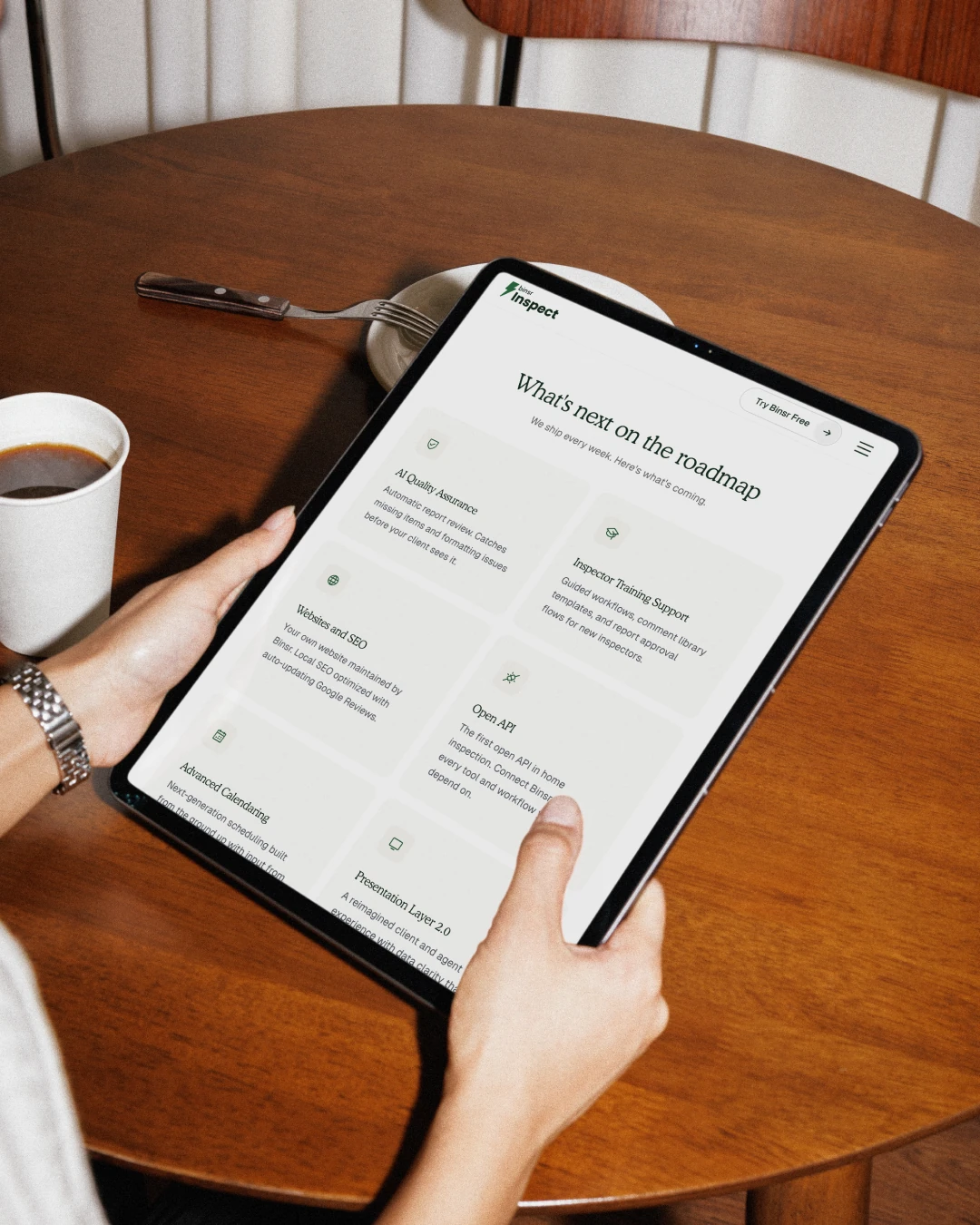 Binsr Inspect roadmap page on a tablet