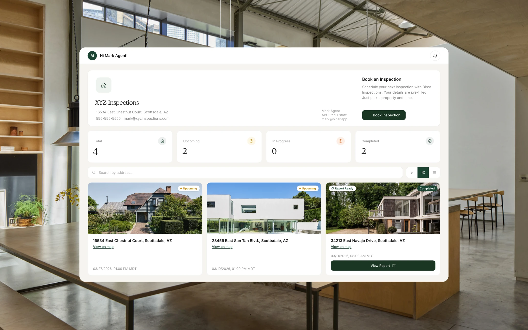 Binsr Inspect agent portal with inspection bookings