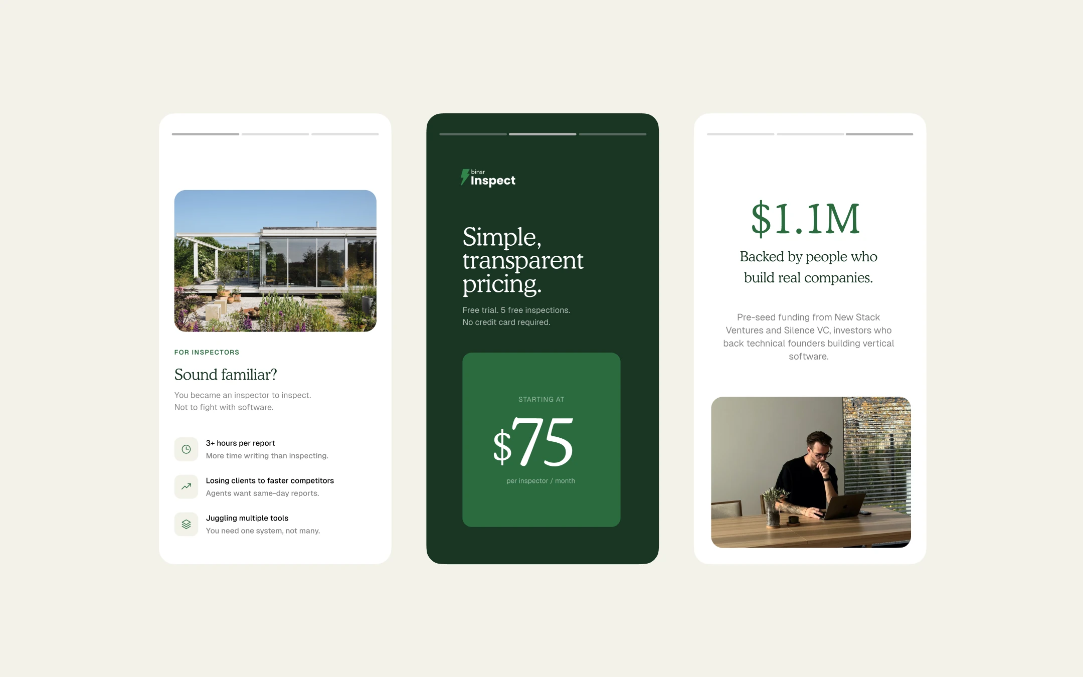 Binsr Inspect mobile screens: problem, pricing, and funding
