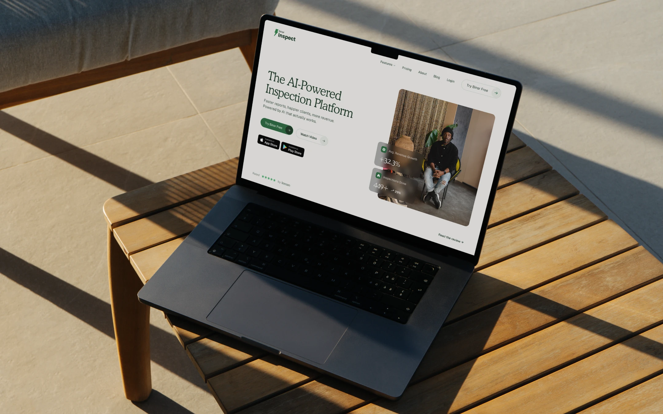 Binsr Inspect homepage on a laptop: the AI-powered inspection platform