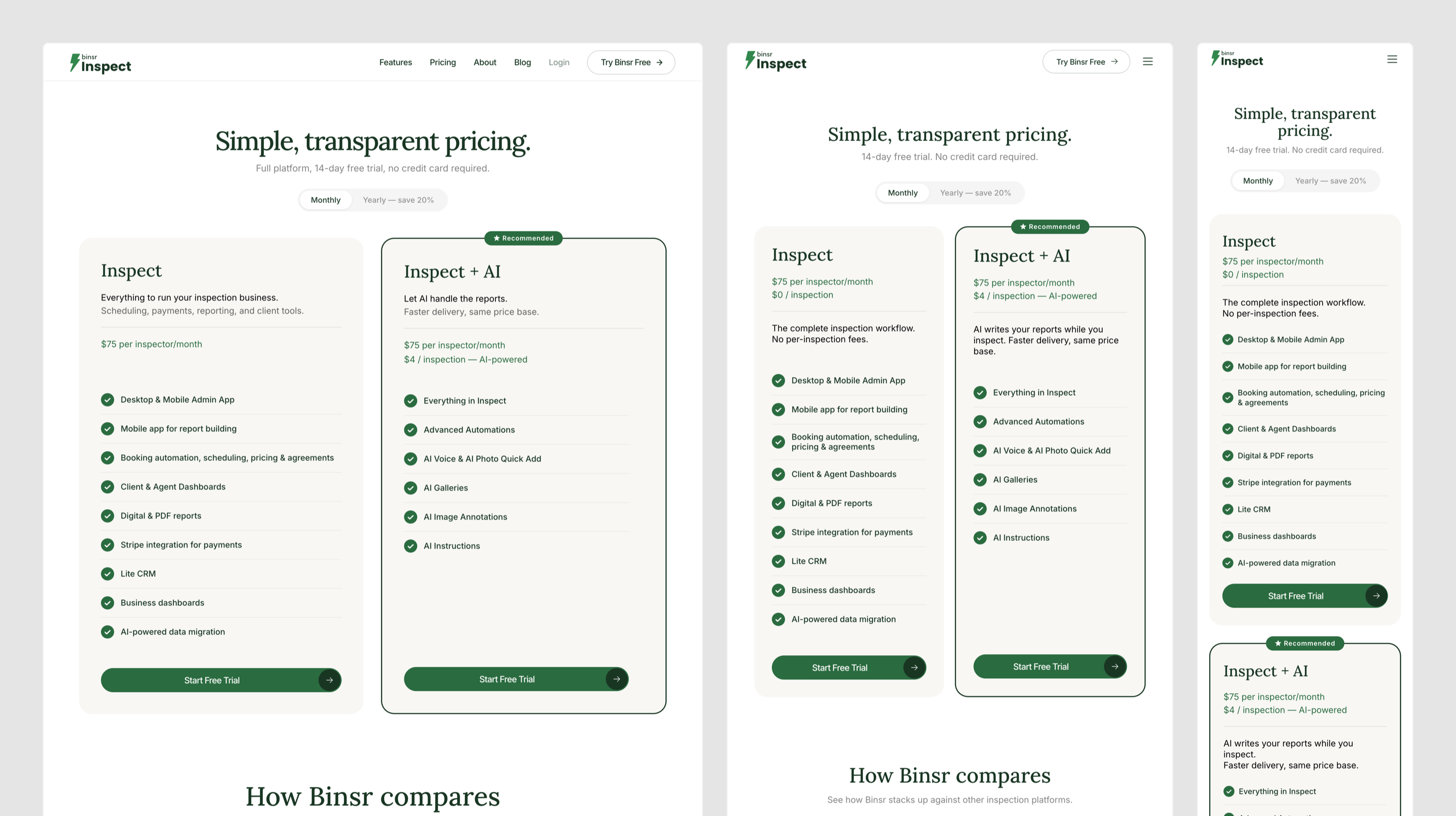 Binsr Inspect pricing page across desktop, tablet and mobile