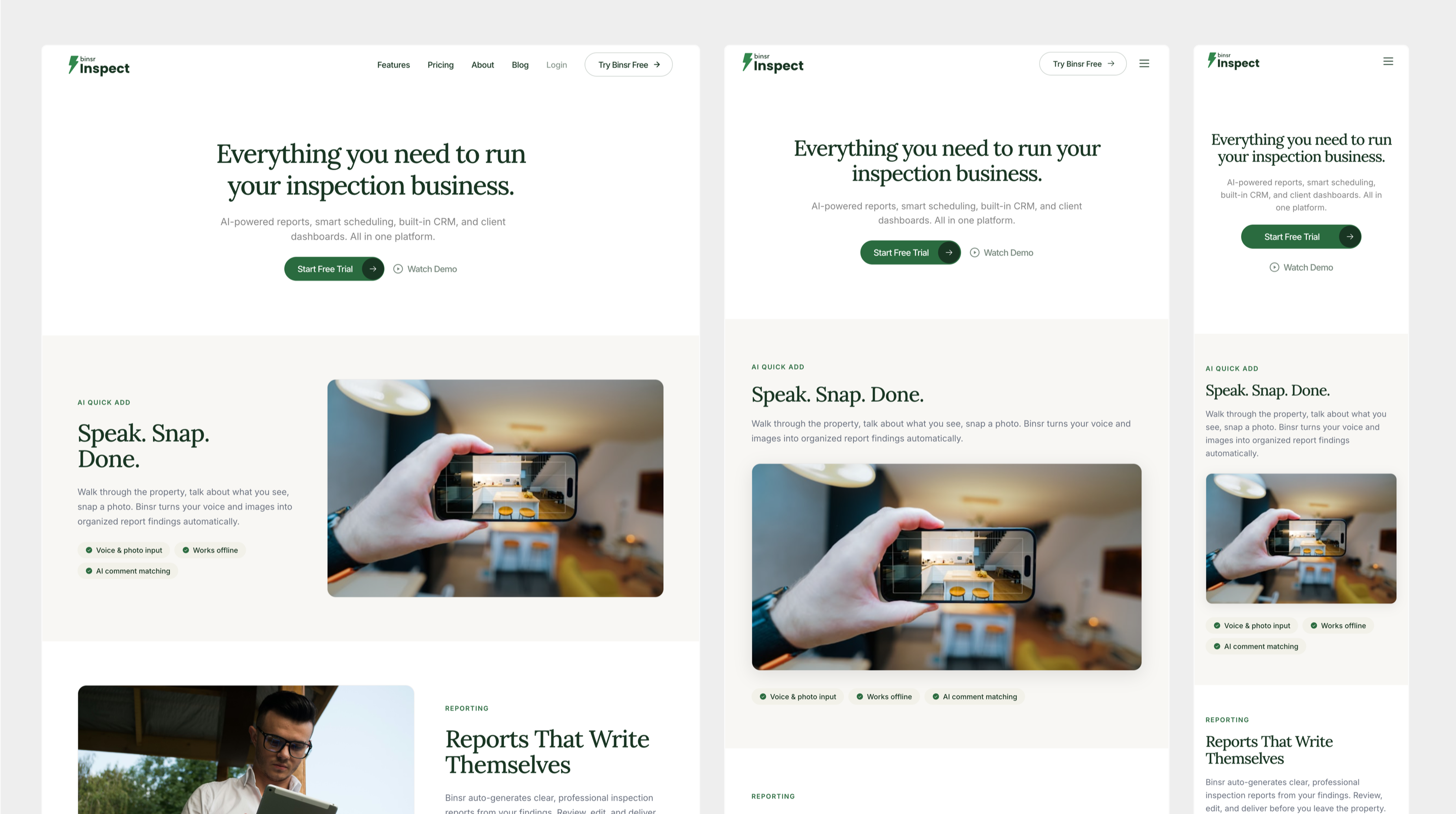Binsr Inspect features page across desktop, tablet and mobile