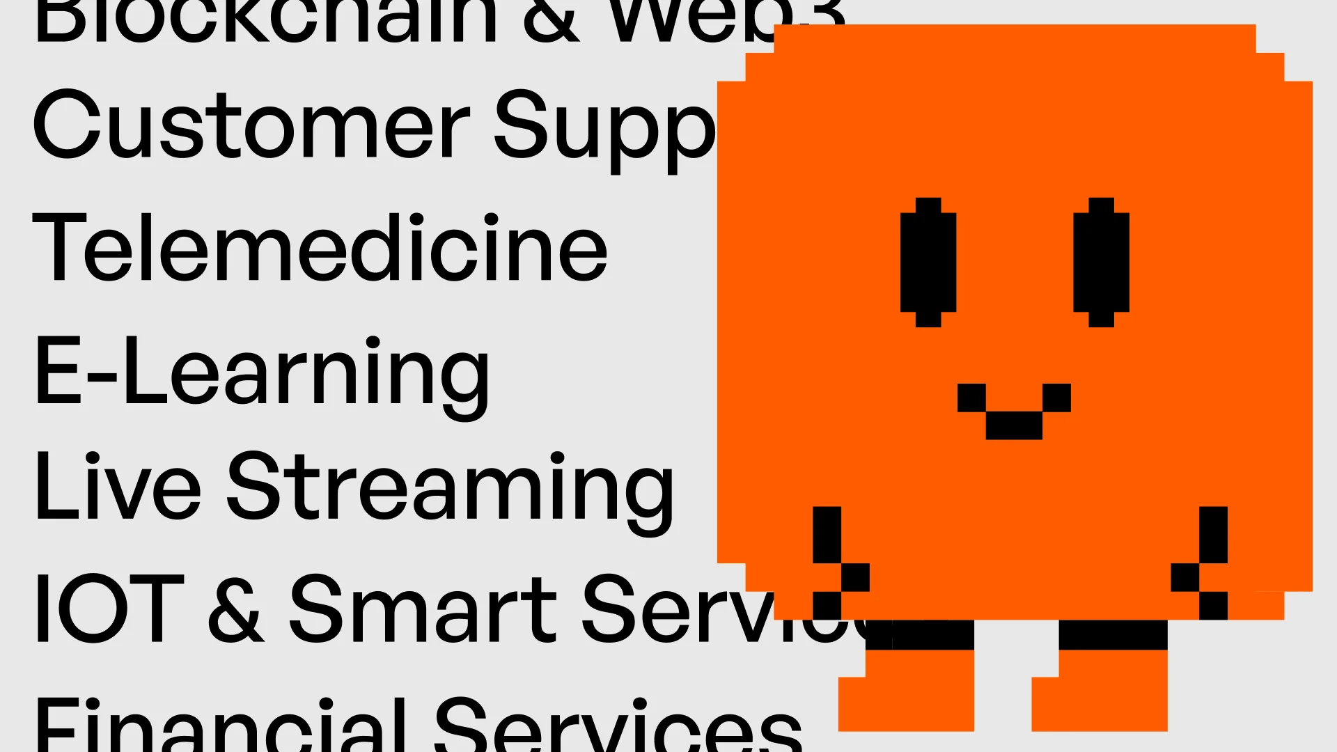 Pixel art character alongside list of technology sectors POW serves
