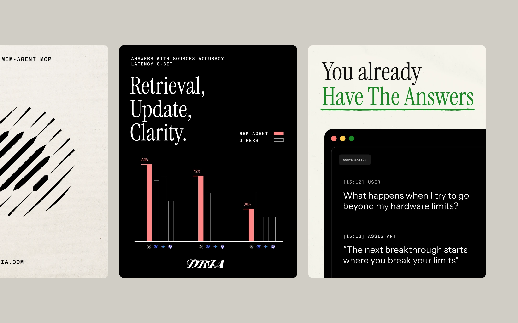 Mem Agent campaign statics: benchmark charts and You Already Have The Answers