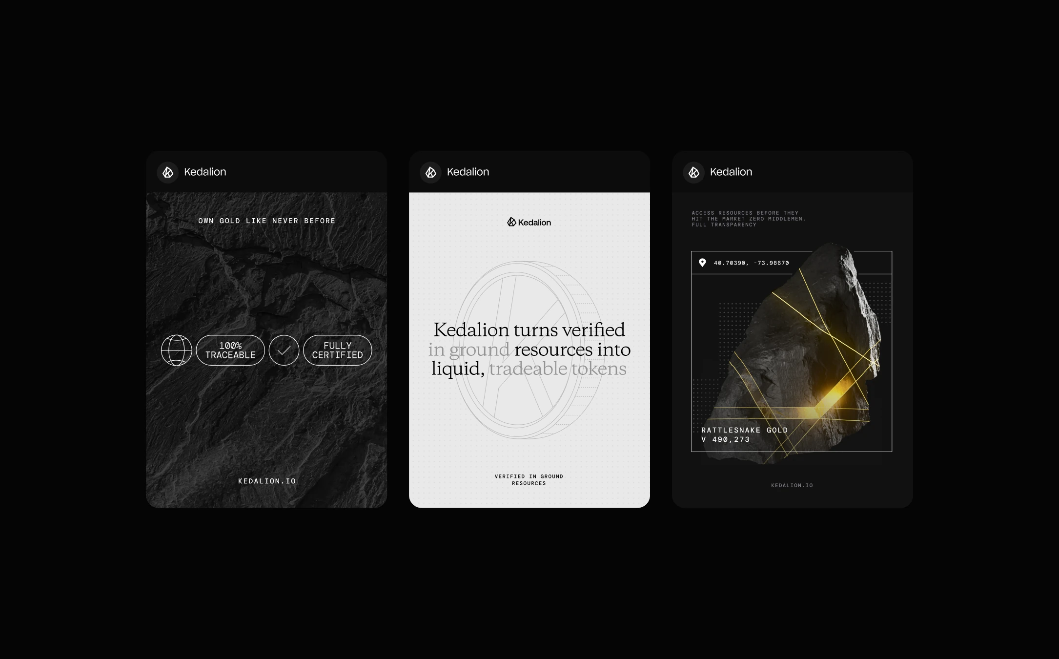 Kedalion launch posters: turning verified in-ground resources into liquid, tradeable tokens