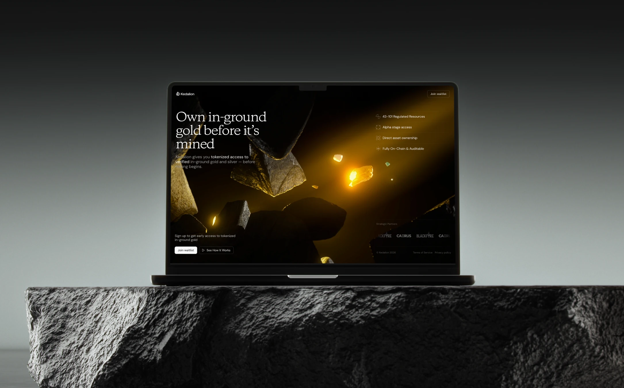 Kedalion website hero on a laptop: own in-ground gold before it's mined
