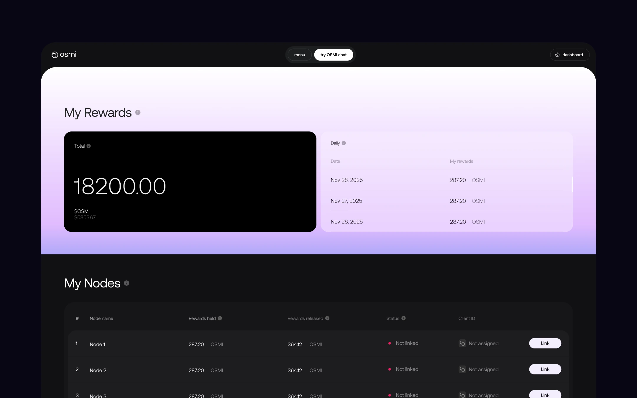 OSMI AI node operator dashboard — My Rewards and My Nodes interface with $OSMI balance and reward history