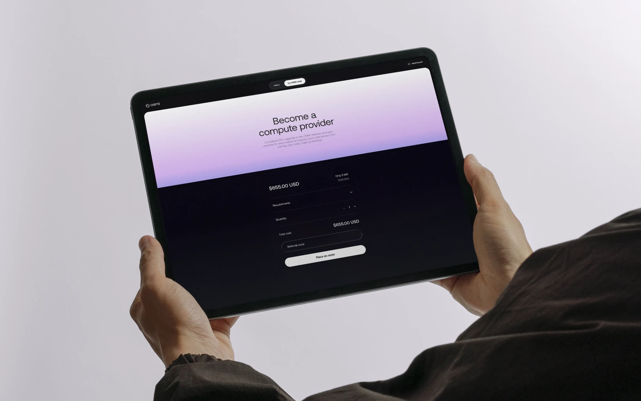 OSMI AI product dashboard with rewards and node management interface