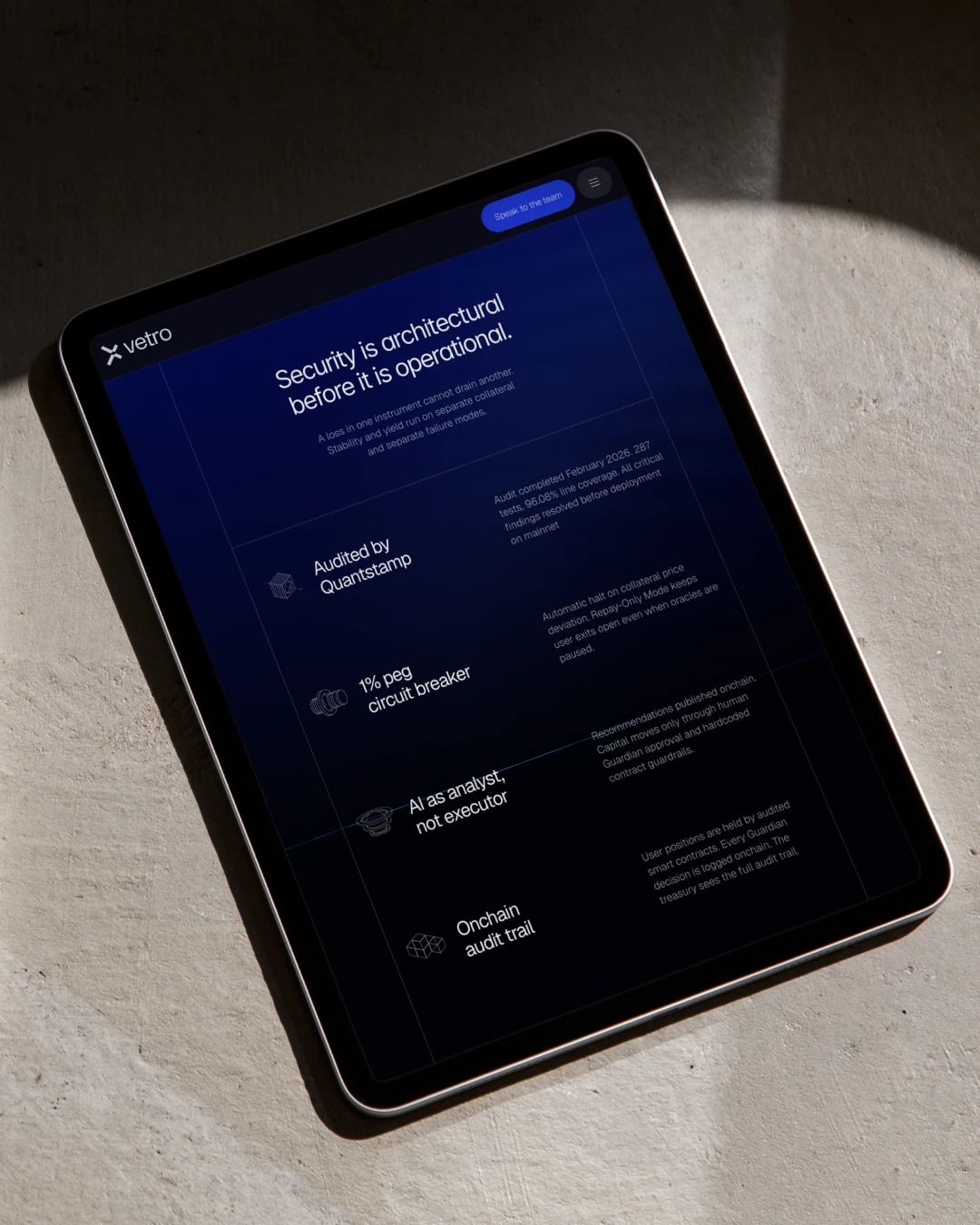 Vetro security page on a tablet